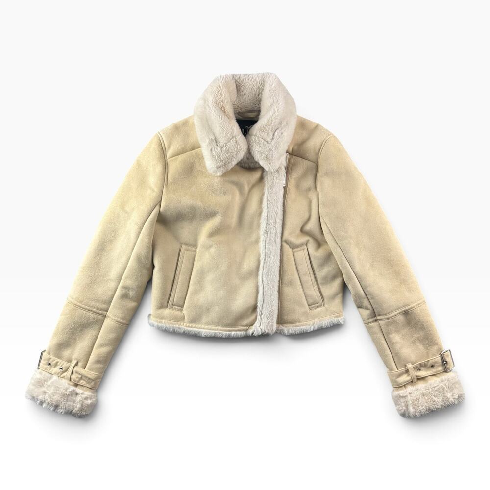 Hollister Womens S Faux Suede Faux Fur Lined Asymmetrical Moto Jacket Tan